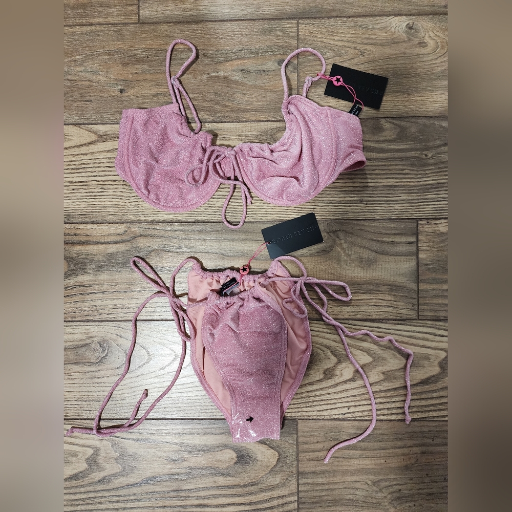 South Beach shimmer swim set underwire top high leg cheeky drawstring bottom